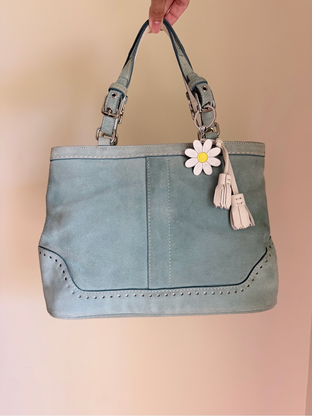 Coach Hampton Suede Carryall Tote in light blue/teal - Picture 2 of 9